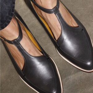 Women's T-Strap Leather Flats in Charcoal Gray with Gold Buckle